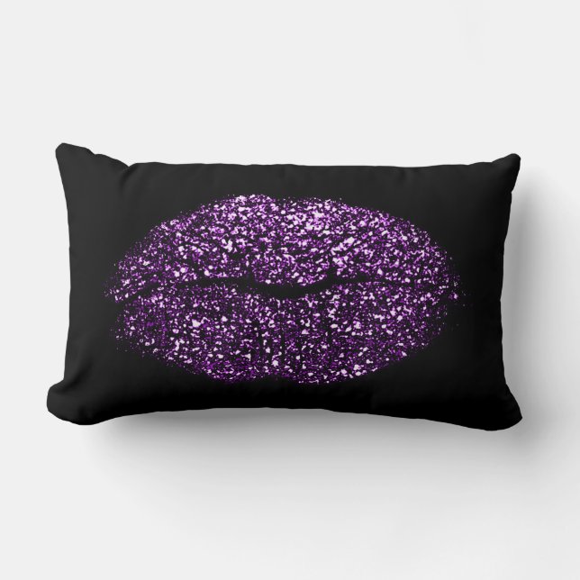 Violet Lila Lips Glitzer Schwarzes Giro Makeup Kis Lendenkissen (Vorderseite)
