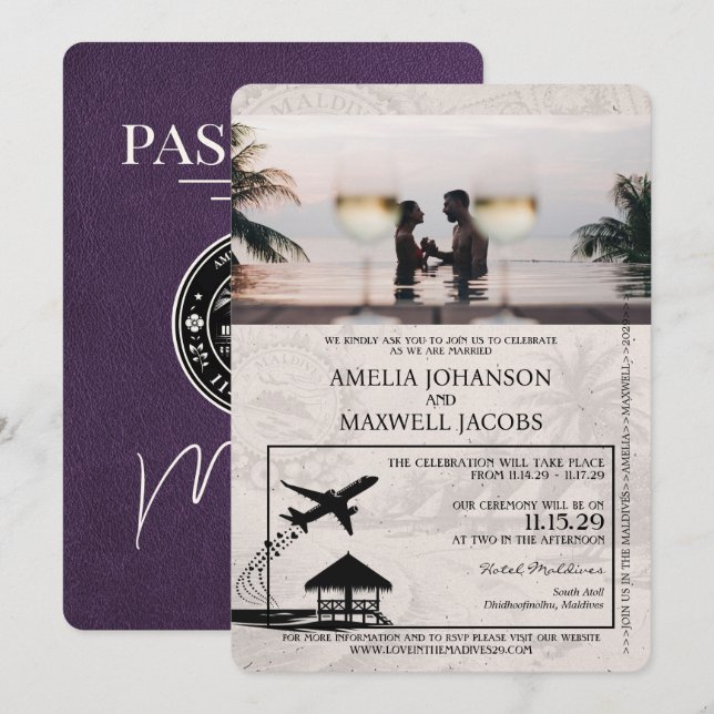 Violet Lila Maldives Passport Hochzeit Einladung (Vorne/Hinten)