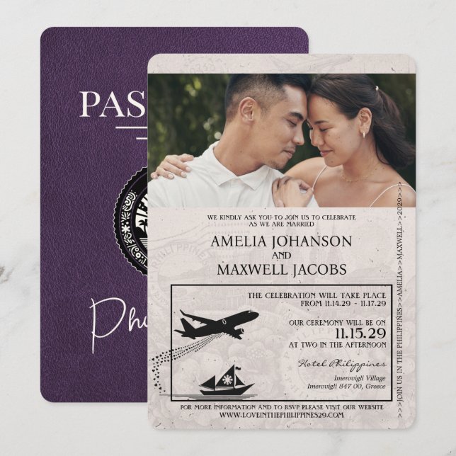 Violet Lila Philippines Pass Hochzeit Einladung (Vorne/Hinten)