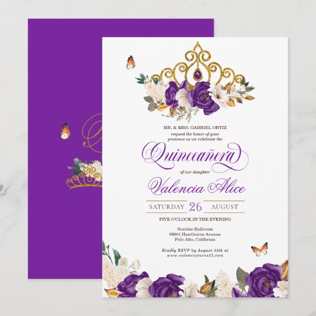 Violet Lila Rose Schmetterling Gold Tiara Quince Einladung (Vorne/Hinten)