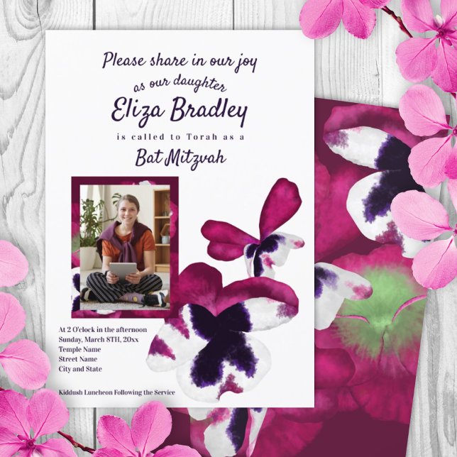 Violet & Lila Stiefmütterchen Bat Mitzvah Einladun Einladung (12th birthday, photo bat mitzvah invitation, violet pink flowers, summer pansies, berry purple petal)