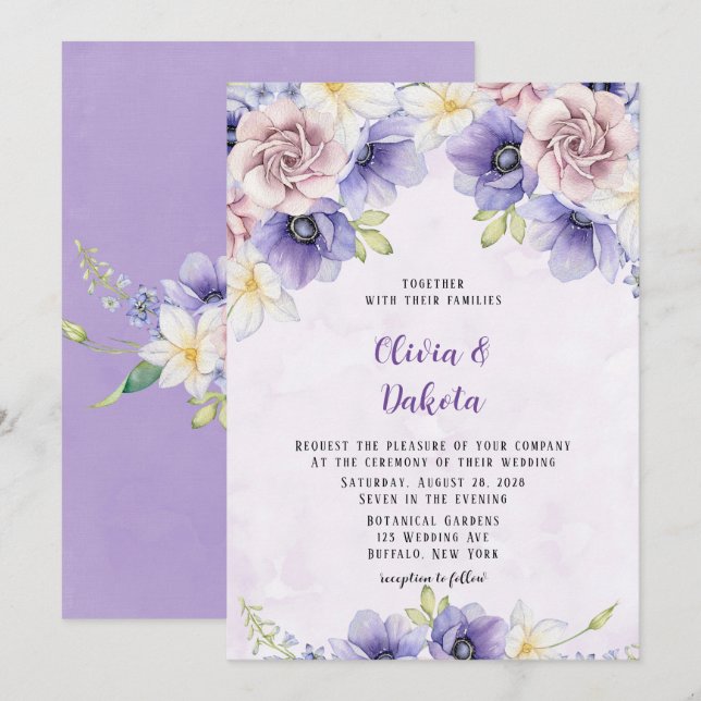 Violet Lila Wasserfarben Blumenzitter Einladung (Vorne/Hinten)