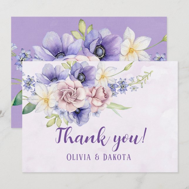 Violet Lila Watercolor Florals Dankeskarten Einladung (Vorne/Hinten)