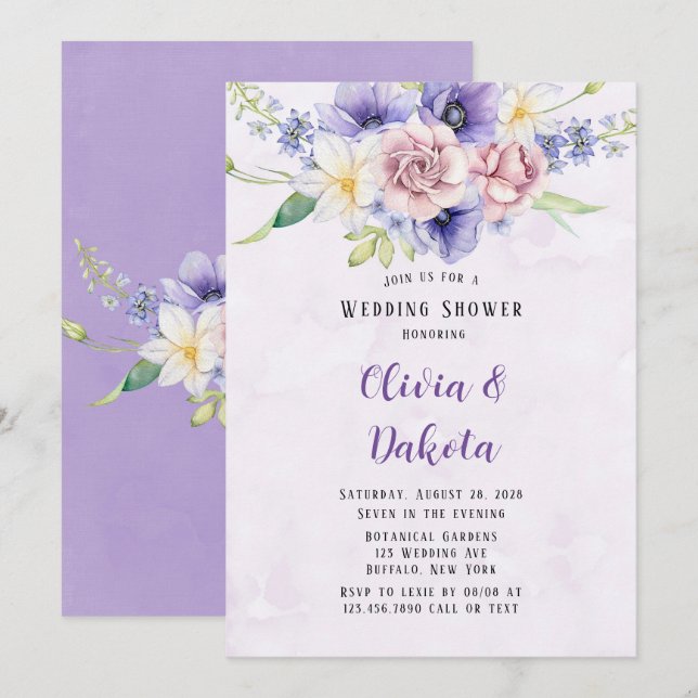 Violet Lila Watercolor Florals Polterabend Einladung (Vorne/Hinten)