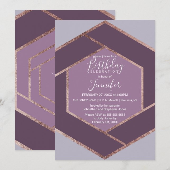 Violet Lilac Lila Rose Gold Hexagon Geburtstag Einladung (Vorne/Hinten)