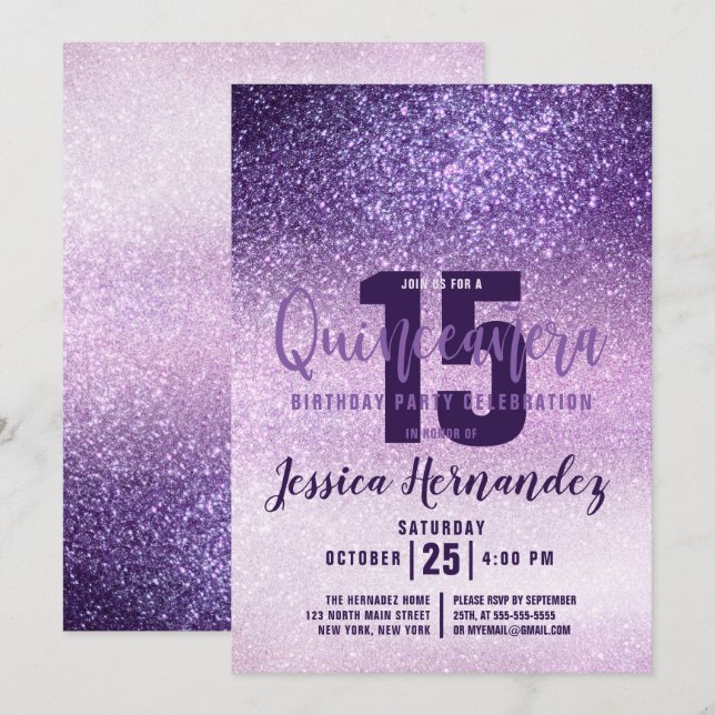 Violet Lilac Lila Triple Glitzer Quinceañera Einladung (Vorne/Hinten)