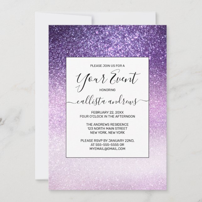 Violet Lilac Pastel Lila Triple Glitzer Ombre Einladung (Vorderseite)