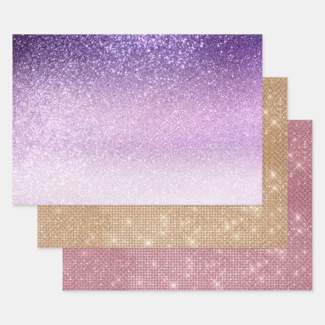 Violet Lilac Pastel Lila Triple Glitzer Ombre Geschenkpapier Set (Set)