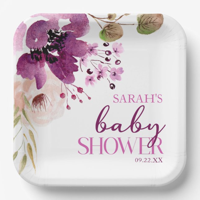 Violet Magenta Lila Floral Baby Dusche Pappteller (Vorderseite)