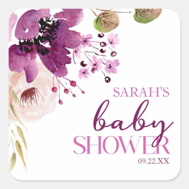 Violet Magenta Lila Floral Baby Dusche Quadratischer Aufkleber (Vorderseite)