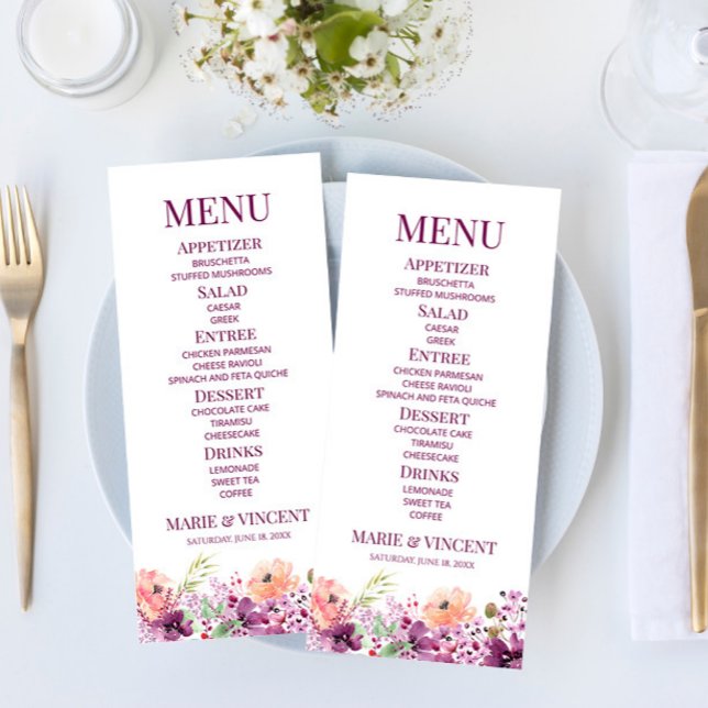 Violet Magenta Lila florale Blume Hochzeit Essen Menükarte (Von Creator hochgeladen)