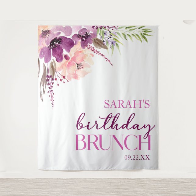 Violet Magenta Purple Floral Birthday Brunch Wandteppich (Vorderseite)