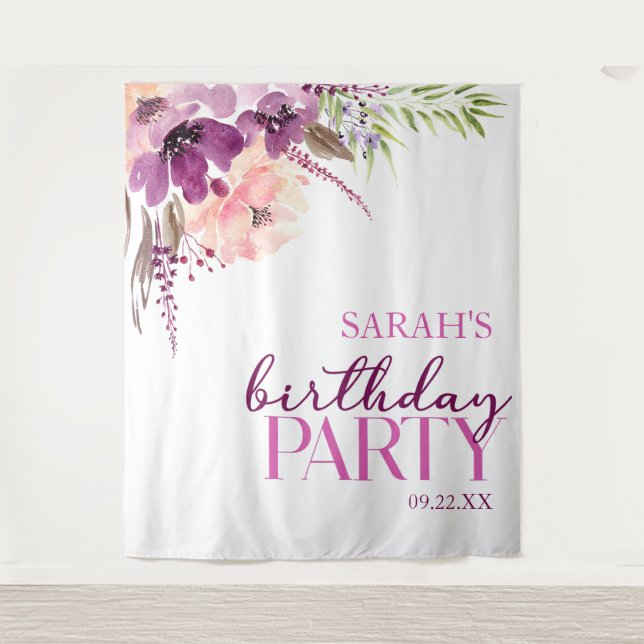 Violet Magenta Purple Floral Birthday Party Wandteppich (Vorderseite)