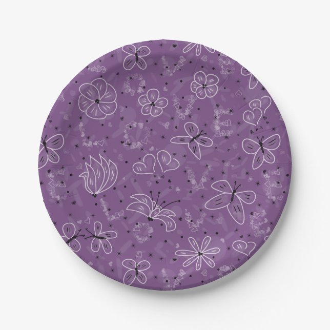 Violet Mauve Butterfly LIEBE - nahtloses Muster. Pappteller (Vorderseite)