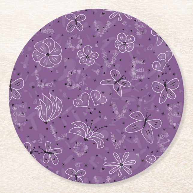 Violet Mauve Butterfly LIEBE - nahtloses Muster. Runder Pappuntersetzer (Vorderseite)