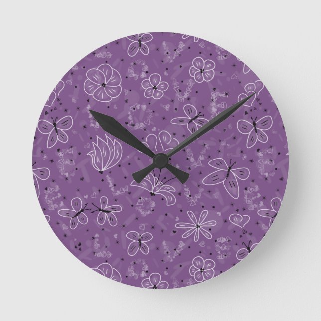 Violet Mauve Butterfly LOVE - seamless pattern.  Runde Wanduhr (Vorderseite)