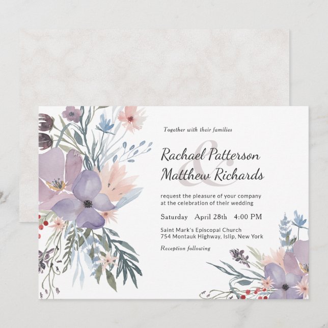 Violet Meadow Watercolor Blues Hochzeit Einladung (Vorne/Hinten)