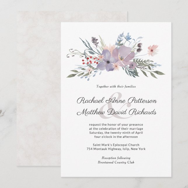 Violet Meadow Watercolor Einladung zur Hochzeit (Vorne/Hinten)