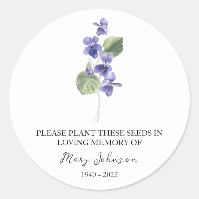 Violet Memorial Beerdigung Seed Packet Runder Aufkleber (Vorderseite)