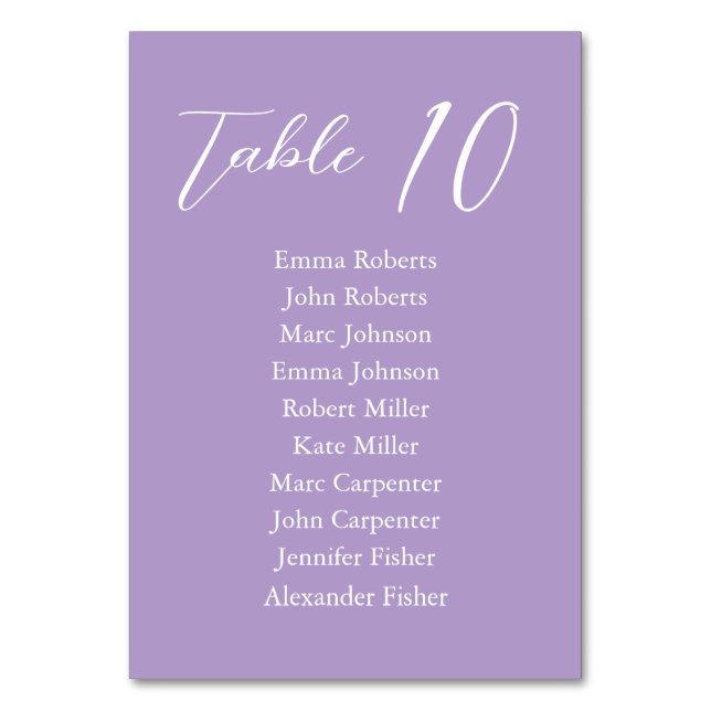 Violet Minimalistisches Skript Hochzeitsplan Tischnummer (Vorderseite)