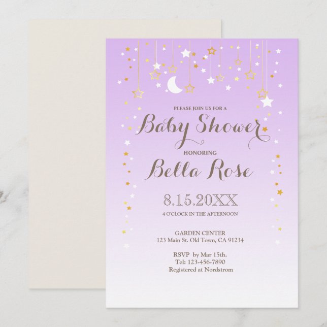 Violet Moon Star Girl Babydusche einladen Einladung (Vorne/Hinten)