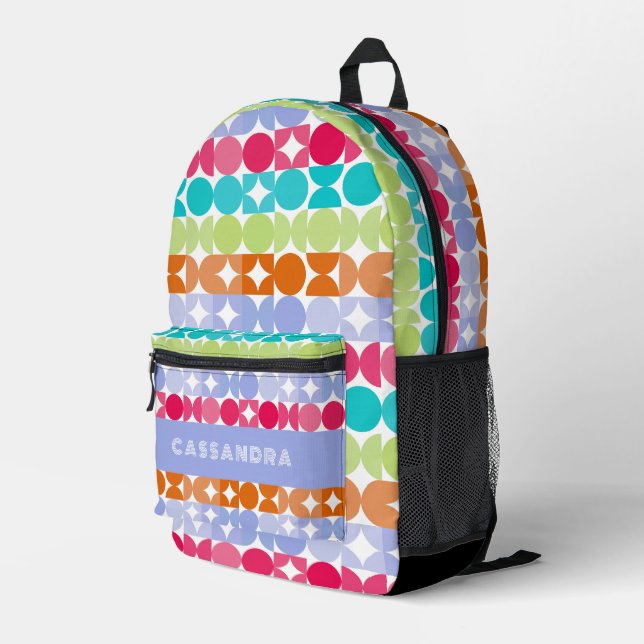 Violet Orange Pink Aqua Midjahrhundert Kreise Must Bedruckter Rucksack (Rückseitige Ecke Rechts)