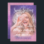 Violet Pink Triple Glitzer Ombre Foto Sweet 16 Einladung<br><div class="desc">Dieses junge, moderne und glitzernde Foto 16 . Geburtstag lädt zum Geburtstag Ihrer Teenagertochter ein. Es verfügt über ein individualisierbares Foto des Ehrengast und ein Imitat gedruckt violett in Rose Rosa in rot-rot funkelnd Glitzer ombre Farbverlauf. Es ist schick, elegant, hübsch, einzigartig und cool; all die Qualitäten, die Ihre Tochter...</div>