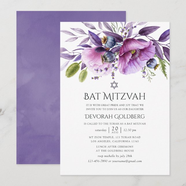 Violet Poppy Floral Bat Mitzvah Einladung (Vorne/Hinten)