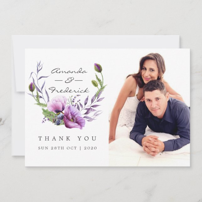 Violet Poppy Floral Mariage photo Merci (Devant)