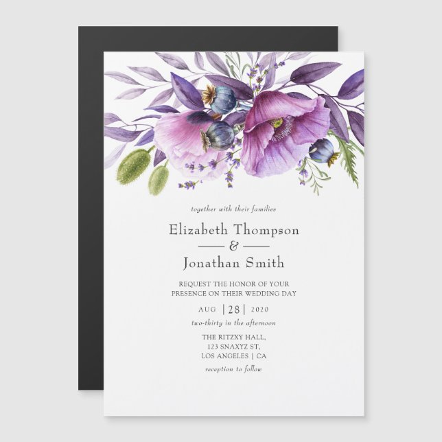 Violet Poppy Floral Wedding Magneteinladung (Vorne/Hinten)