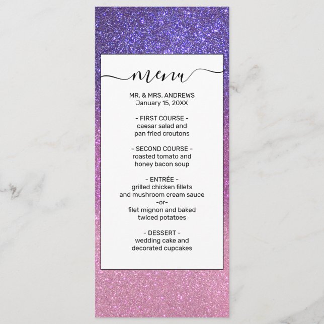 Violet Princess Blush Pink Triple Glitzer Ombre Menükarte (Vorderseite)