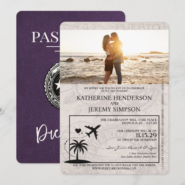 Violet Puerto Rico Passport Hochzeit Einladung (Vorne/Hinten)