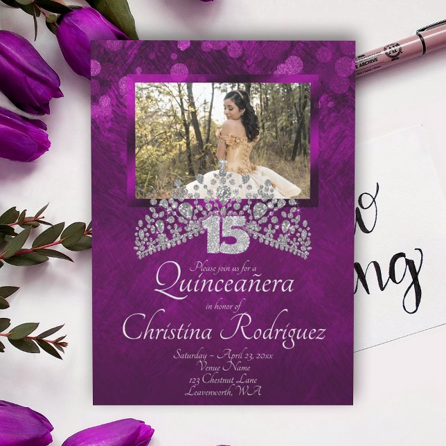 Violet Quinceanera Silver Tiara Invitation (Violet deep pink quinceanera invitation diamond tiara silver glitter 15, purple silver mis quince)
