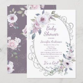 Violet Rose Floral Silver Glitzer Girl Babydusche Einladung