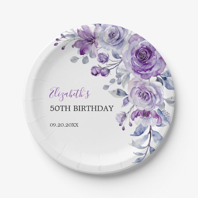 Violet Rose Greenery Floral Geburtstag Pappteller (Vorderseite)