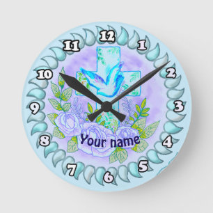 Violet Rosen Christliches Kreuz    Runde Wanduhr