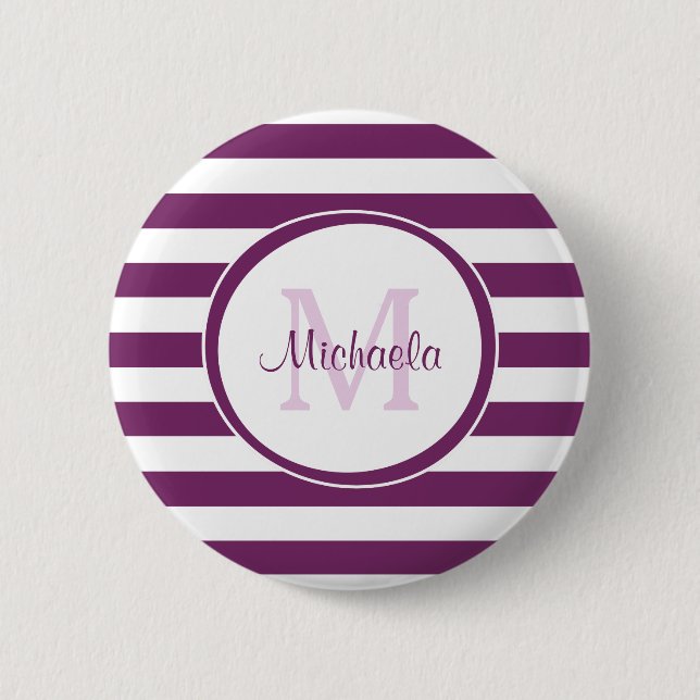 Violet-Rugby-Streifen mit Chic Monogramm und Name Button (Vorderseite)