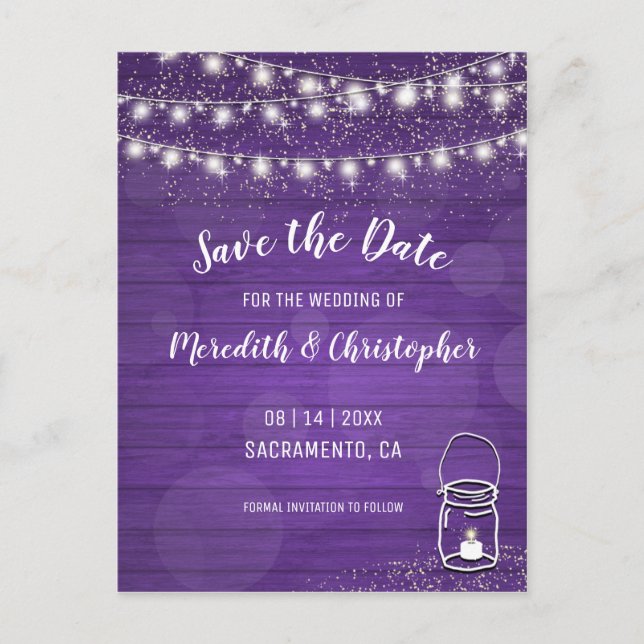 Violet Rustic Mason Jar Wedding Save the Date Ankündigungspostkarte (Vorderseite)