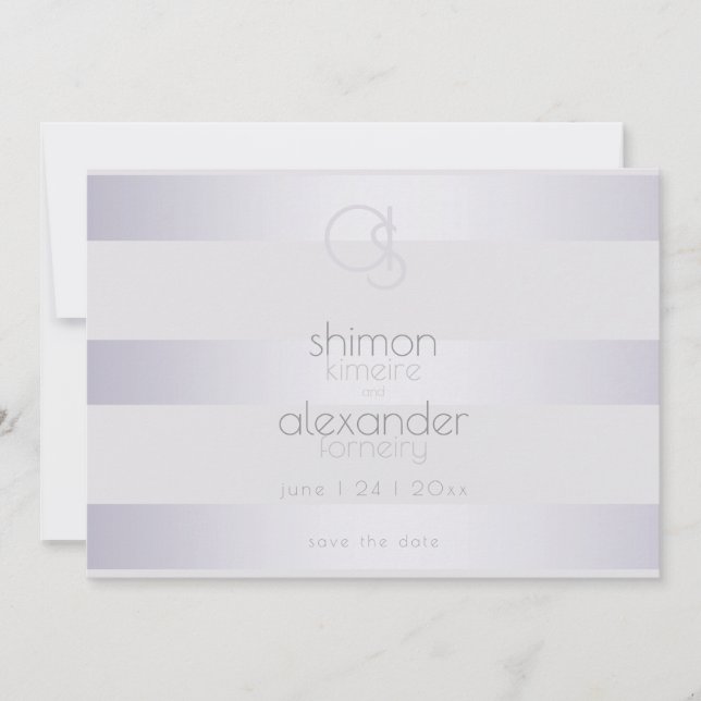 Violet-Silberschimmer-Streifen Monogramm Save The Date (Vorderseite)