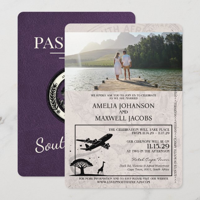 Violet South Africa Passport Wedding Einladung (Vorne/Hinten)