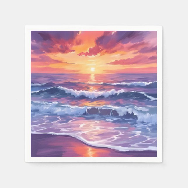 Violet Tide | Lila Sonnenuntergangswellen bemalt Serviette (Vorderseite)