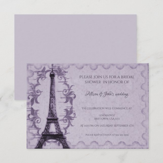 Violet Tour Eiffel Invitation de douche nuptiale (Devant / Derrière)