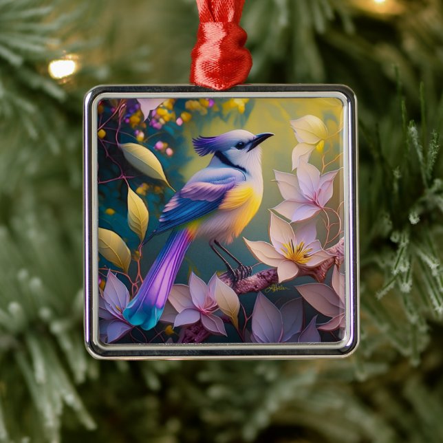 Violet Tufted Yellow Breasted Fantasy Bird Ornament Aus Metall (Baum)