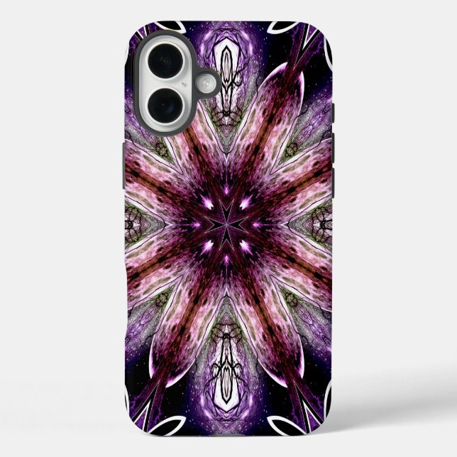 Violet und Magenta Kosmische Blume Kaleidoskop iPhone 16 Plus Hülle (Rückseite)