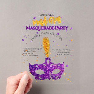 Violet und Orange Glitzern Mask Mardi Gras Party Acryleinladungen