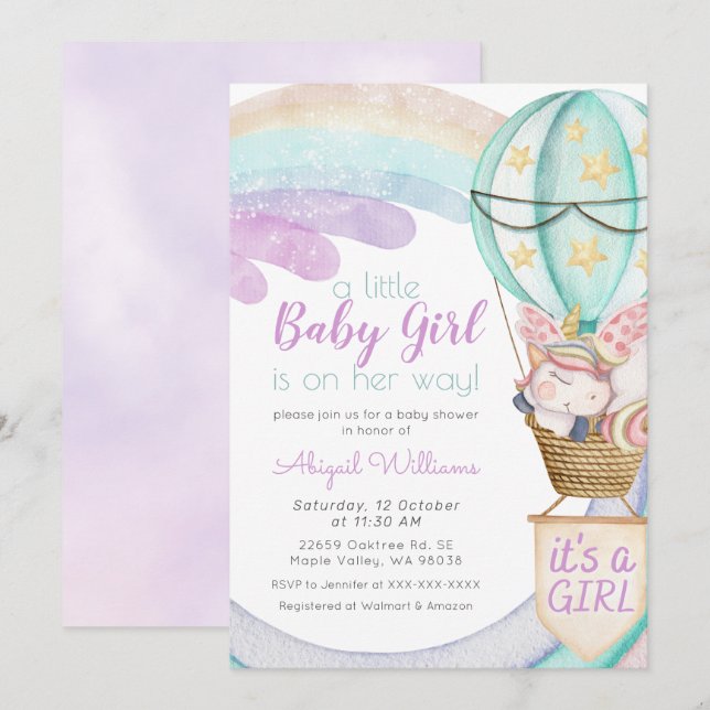Violet Unicorn, Regenbogen, Balloon Girl Baby Dusc Einladung (Vorne/Hinten)