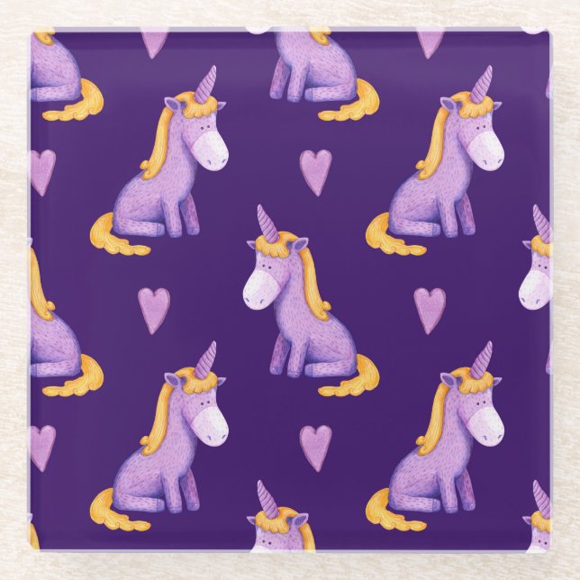 Violet Unicorns Hört Wasserfarbmuster. Glasuntersetzer (Vorderseite)