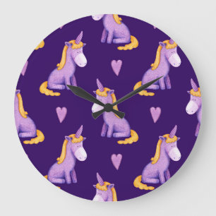 Violet Unicorns Hört Wasserfarbmuster. Große Wanduhr