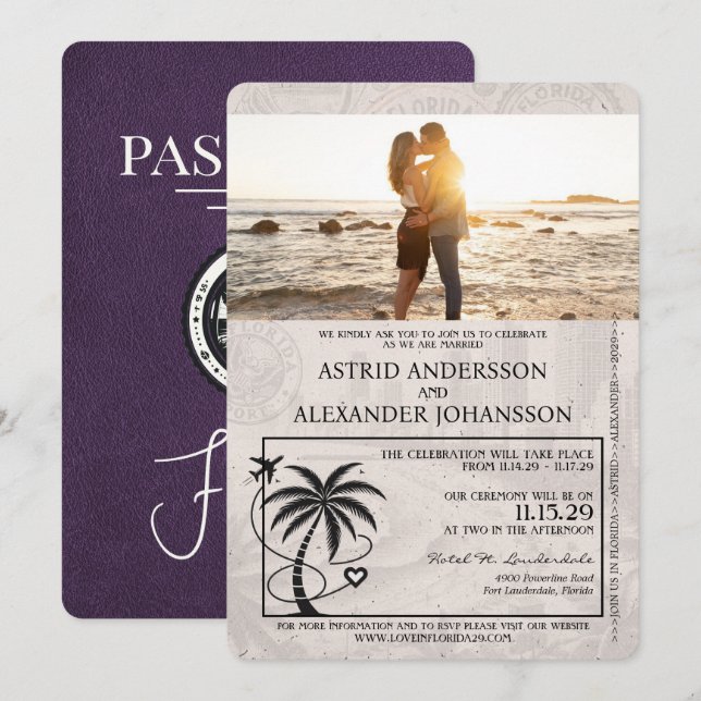 Violet violet Faire-part de mariage du passeport d (Devant / Derrière)
