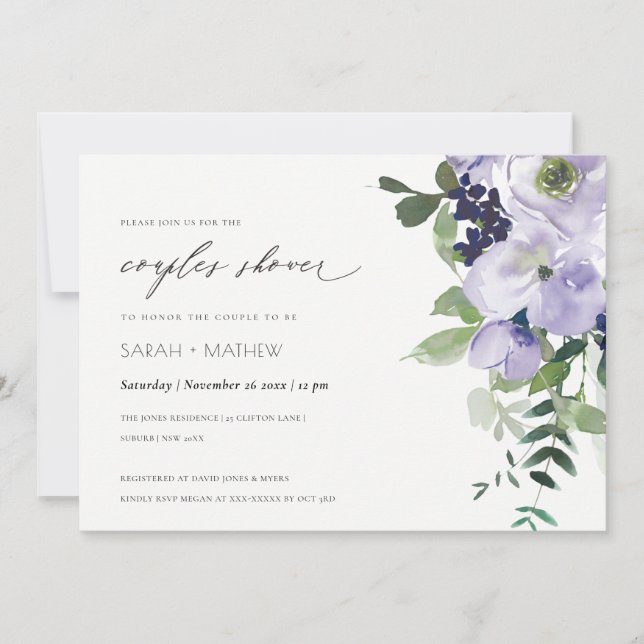Violet Violet Floral Couples Feuilles Invitation d (Devant)